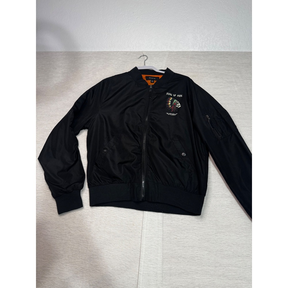Ring of Fire Mens Black Bomber Jacket Skull Headdress Graphic Orange Lining M
